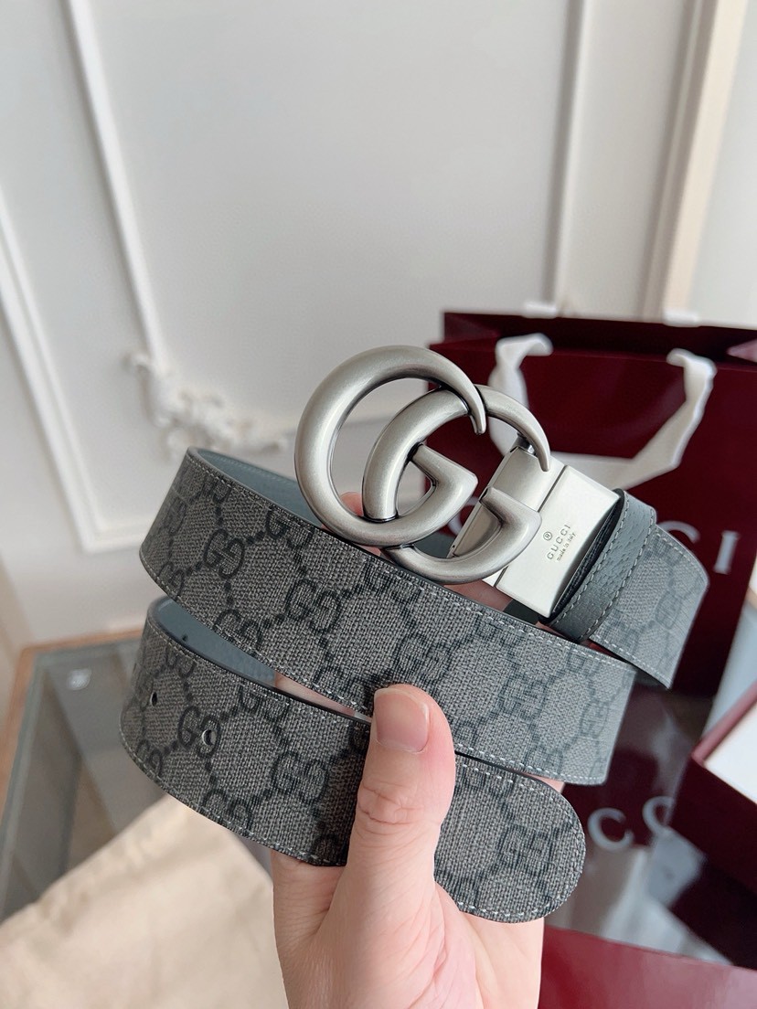 Gucci leather, it has a thick touch, with clear and distinct printed patterns. It is a fashionable and classic men's belt, a designer belt, a casual and smooth buckle belt for both women and men, with a width of 3.7 cm and with box Grey color