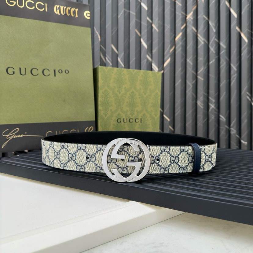 Gucci leather, it has a thick touch, with clear and distinct printed patterns. It is a fashionable and classic men's belt, a designer belt, a casual and smooth buckle belt for both women and men, with a width of 4.0 cm and with box Silver