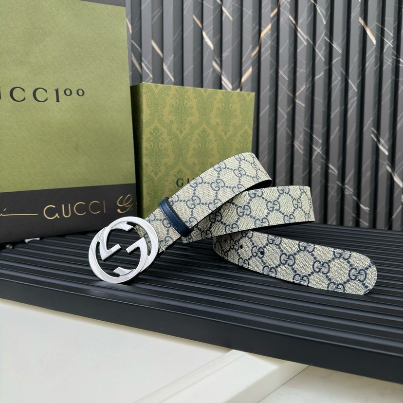 Gucci leather, it has a thick touch, with clear and distinct printed patterns. It is a fashionable and classic men's belt, a designer belt, a casual and smooth buckle belt for both women and men, with a width of 4.0 cm and with box Silver