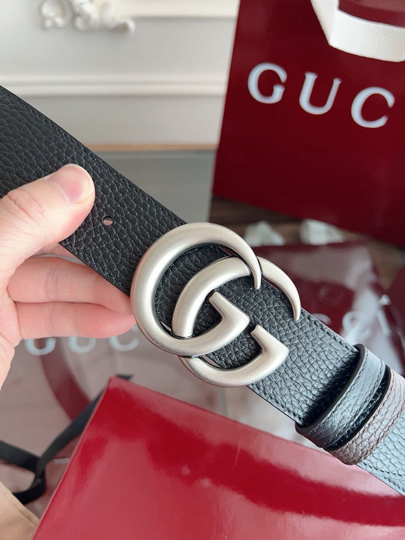 Gucci leather, it has a thick touch.  It is a fashionable and classic men's belt, a designer belt, a casual and smooth buckle belt for both , with a width of 3.7 cm and with box Silver