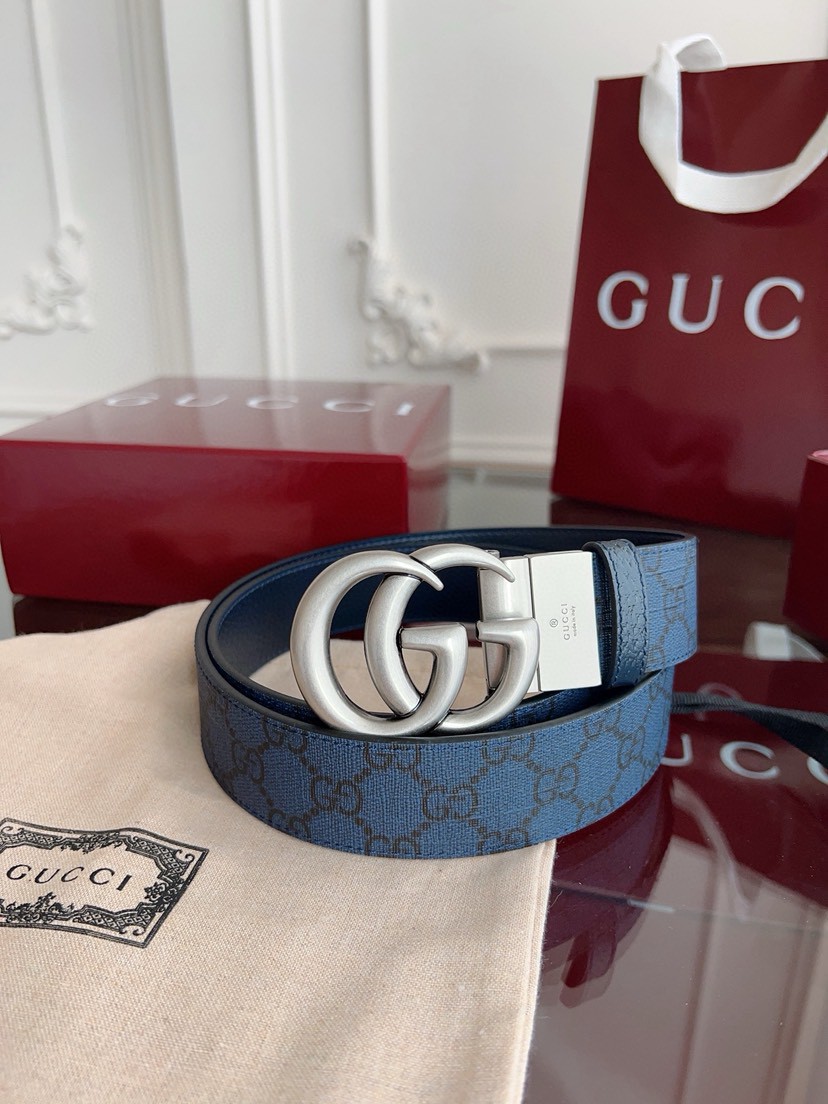 Gucci leather, it has a thick touch, with clear and distinct printed patterns. It is a fashionable and classic men's belt, a designer belt, a casual and smooth buckle belt for both women and men, with a width of 3.7 cm and with box Royal blue