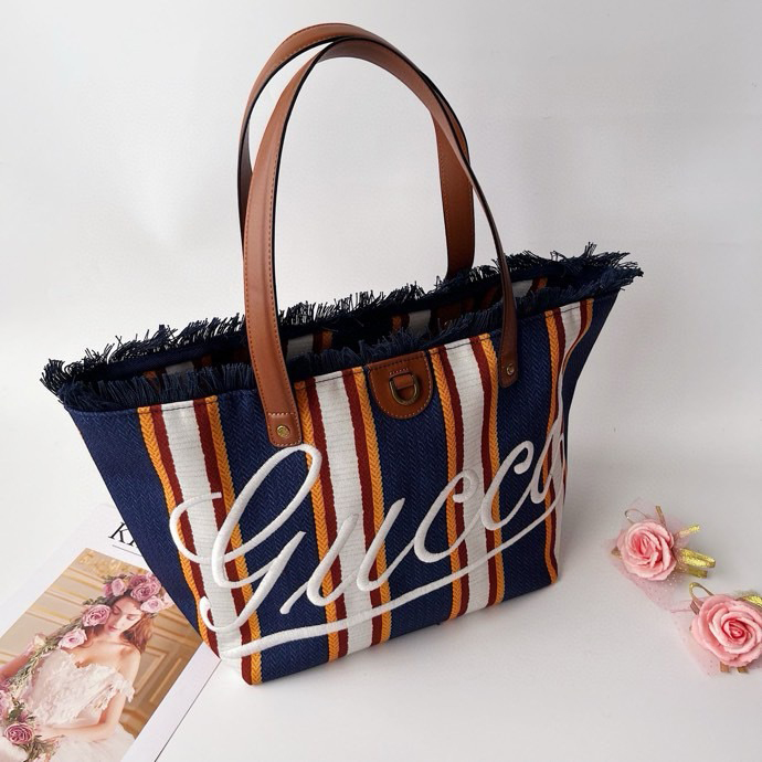 Gucci Beach Bag Saint Bart's New Women's Large Capacity Leisure Tourism Canvas Stripe Handmade Tassel Handbag Tote Bag