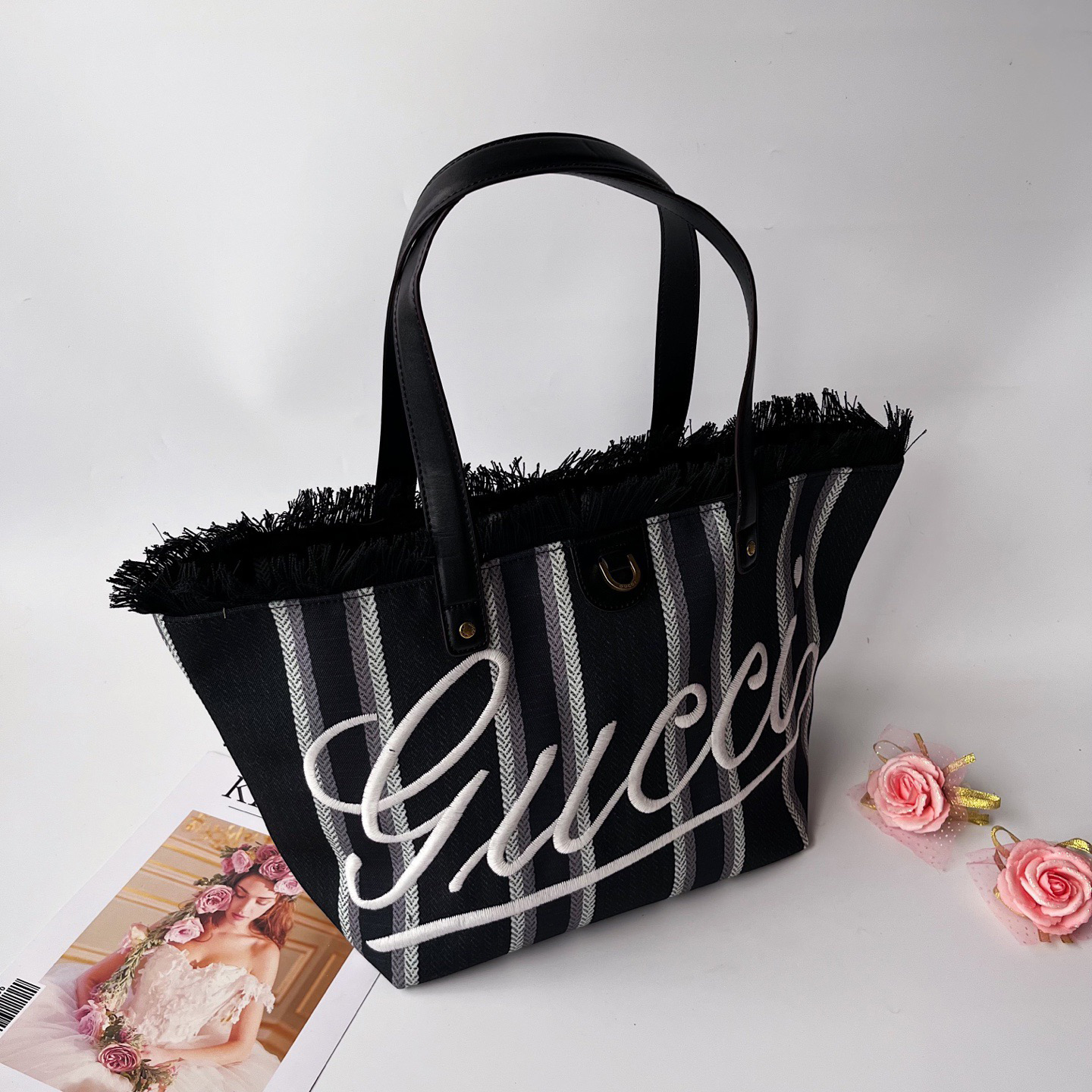 Gucci Beach Bag Saint Bart's New Women's Large Capacity Leisure Tourism Canvas Stripe Handmade Tassel Handbag Tote Bag