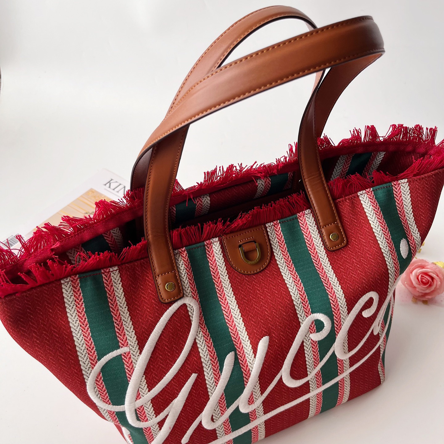 Gucci Beach Bag Saint Bart's New Women's Large Capacity Leisure Tourism Canvas Stripe Handmade Tassel Handbag Tote Bag