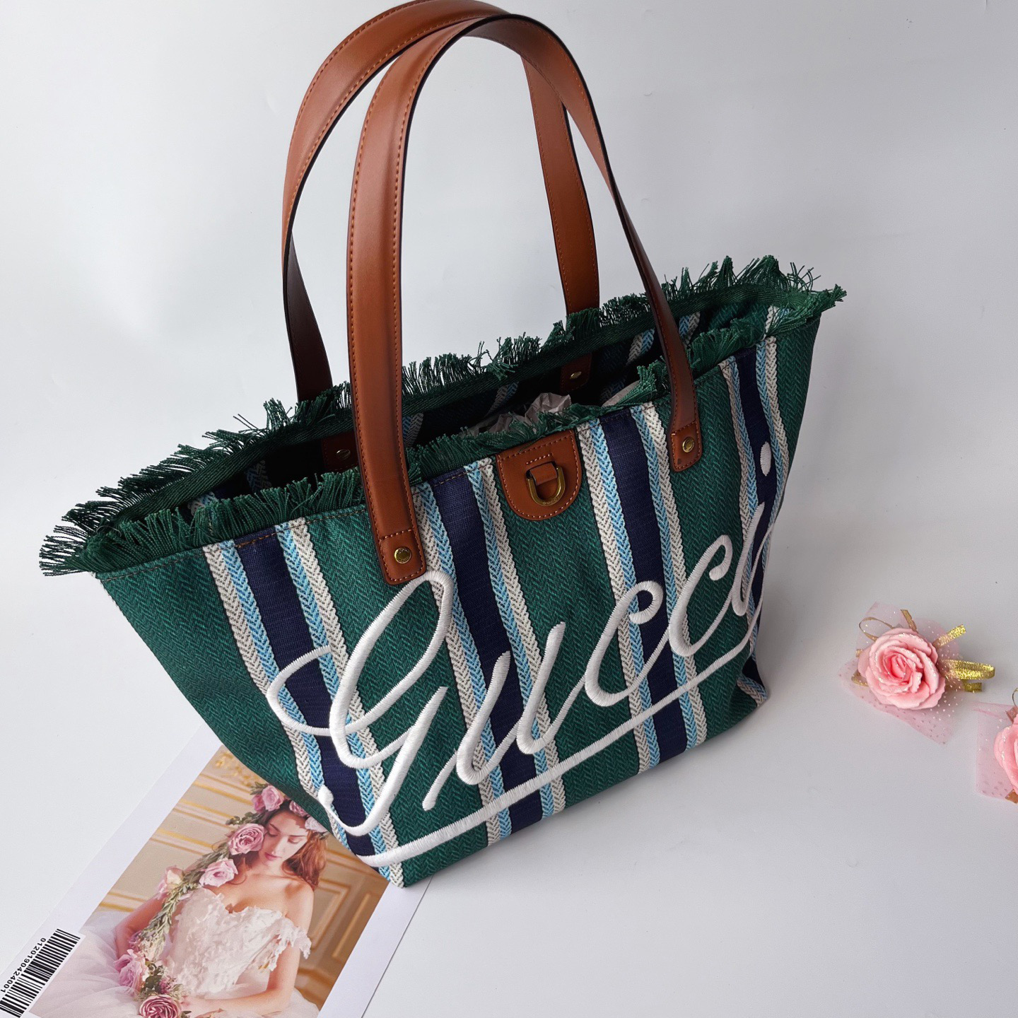 Gucci Beach Bag Saint Bart's New Women's Large Capacity Leisure Tourism Canvas Stripe Handmade Tassel Handbag Tote Bag