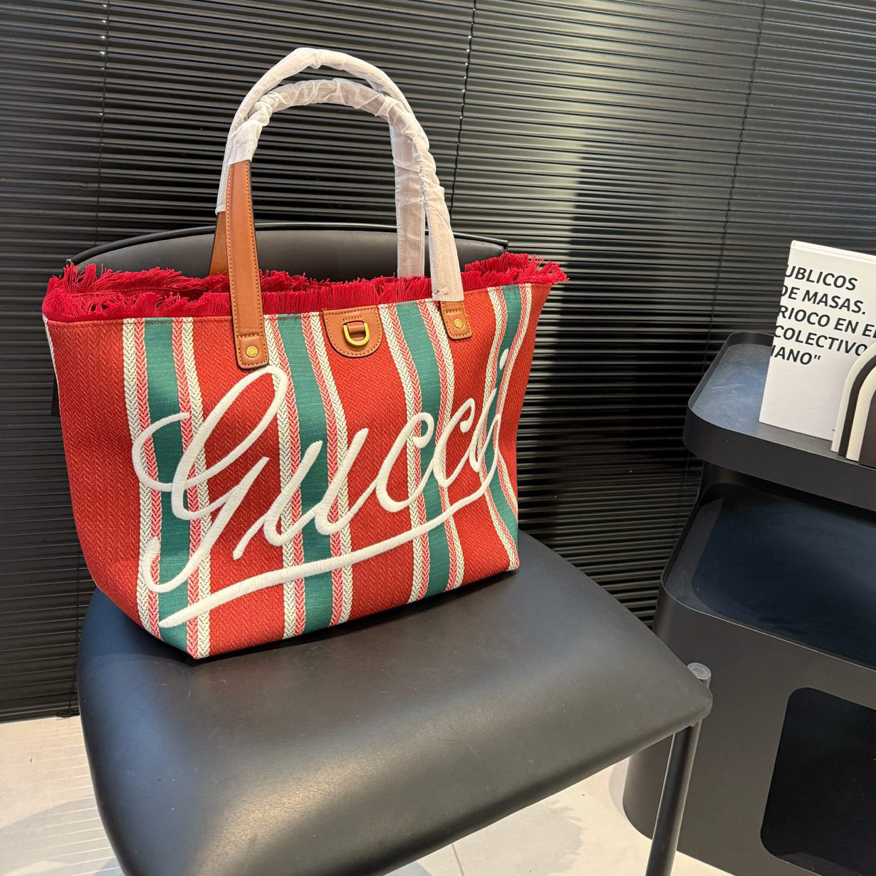 Gucci Beach Bag Saint Bart's New Women's Large Capacity Leisure Tourism Canvas Stripe Handmade Tassel Handbag Tote Bag