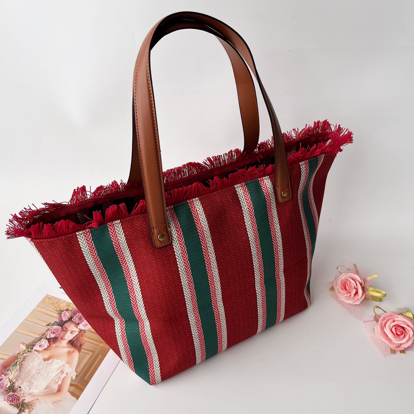 Gucci Beach Bag Saint Bart's New Women's Large Capacity Leisure Tourism Canvas Stripe Handmade Tassel Handbag Tote Bag