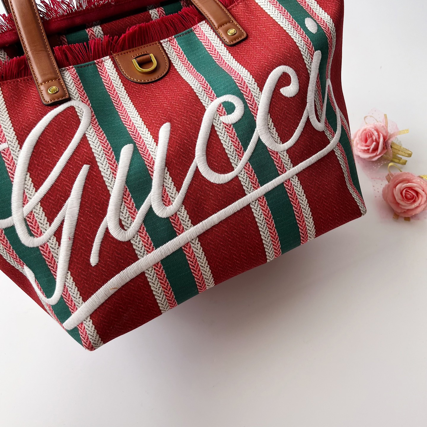 Gucci Beach Bag Saint Bart's New Women's Large Capacity Leisure Tourism Canvas Stripe Handmade Tassel Handbag Tote Bag
