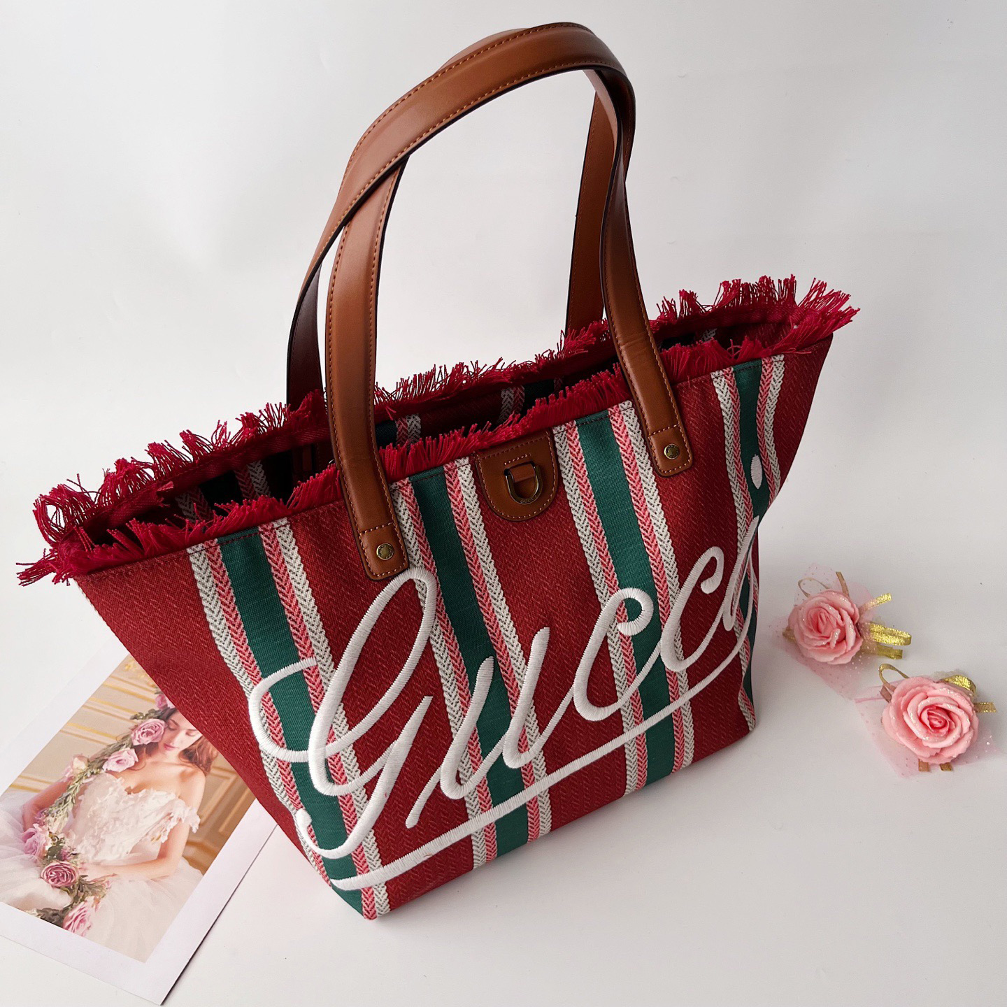 Gucci Beach Bag Saint Bart's New Women's Large Capacity Leisure Tourism Canvas Stripe Handmade Tassel Handbag Tote Bag