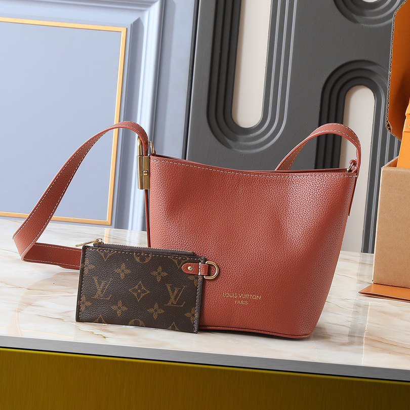LV Designer Using Grain Leather To Shape A Compact Bucket Bag Configuration Luxury Bag Shoulder Bag Ladies Fashion Bag High Quality Leather Zipper Armpit Bag Lv Padlock Is Detachable