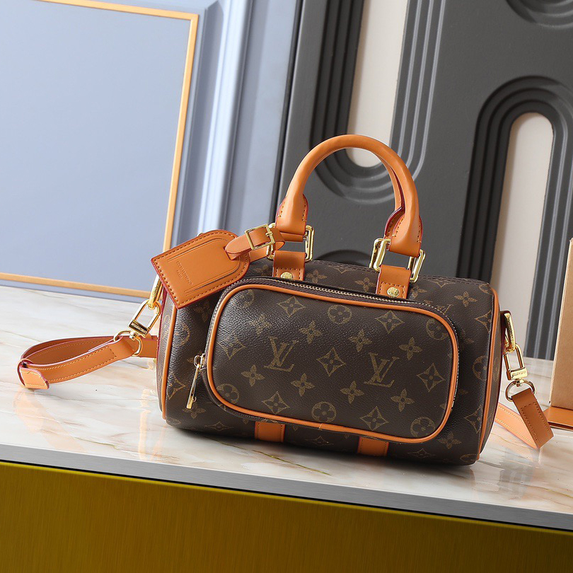 LV Designer Bag Canvas Paired With Distressed Cowhide Leather Trim Ladies Retro Style Metallic Bead Decoration Zipper Head And Detachable Leather Nameplate Fashion Luxury Bag