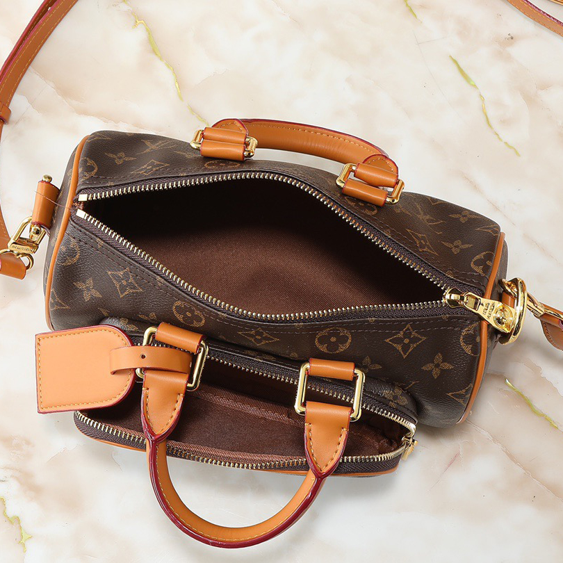 LV Designer Bag Canvas Paired With Distressed Cowhide Leather Trim Ladies Retro Style Metallic Bead Decoration Zipper Head And Detachable Leather Nameplate Fashion Luxury Bag