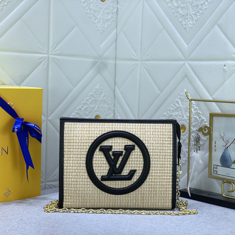 The LV High Quality Women Shoulder Bags Luxury Caramel Chain Toiletry Bag is made of natural Lafite Grass and features black leather and the Circle logo on the side Ladies Clutch Bag Shoulder Tote Female Purse Wallet Hand Bag