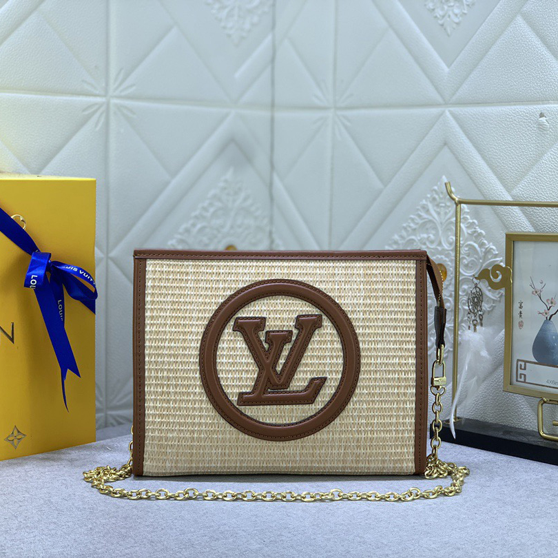 The LV High Quality Women Shoulder Bags Luxury Caramel Chain Toiletry Bag is made of natural Lafite Grass and features black leather and the Circle logo on the side Ladies Clutch Bag Shoulder Tote Female Purse Wallet Hand Bag