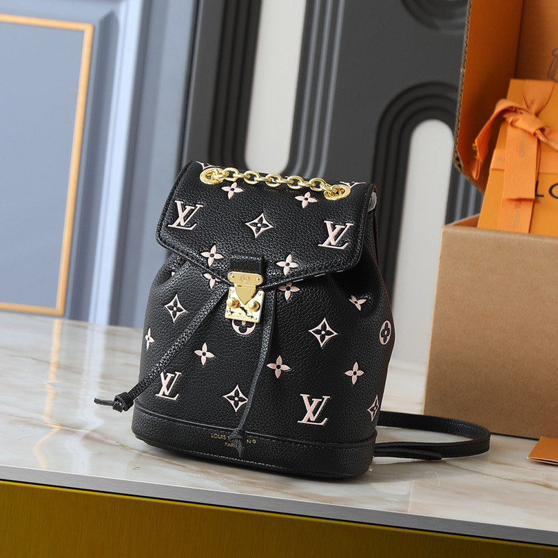 LV High Qualitys Women Backpack Luxurys The Bag Is Made Of Leather Adorned With A Golden Chain Strap Monogram Embossed Pattern With Contrasting Borders Female Backpack
