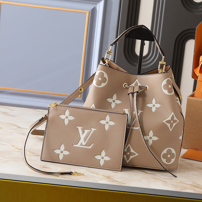LV High Quality Women Shoulder Bags Luxury Bucket Bags Lv Letters And Monogram Flowers Are Printed And Then Pressed Onto Leather Adjustable Shoulder Straps Enable Shoulder Or Crossbody Female Hand Bags