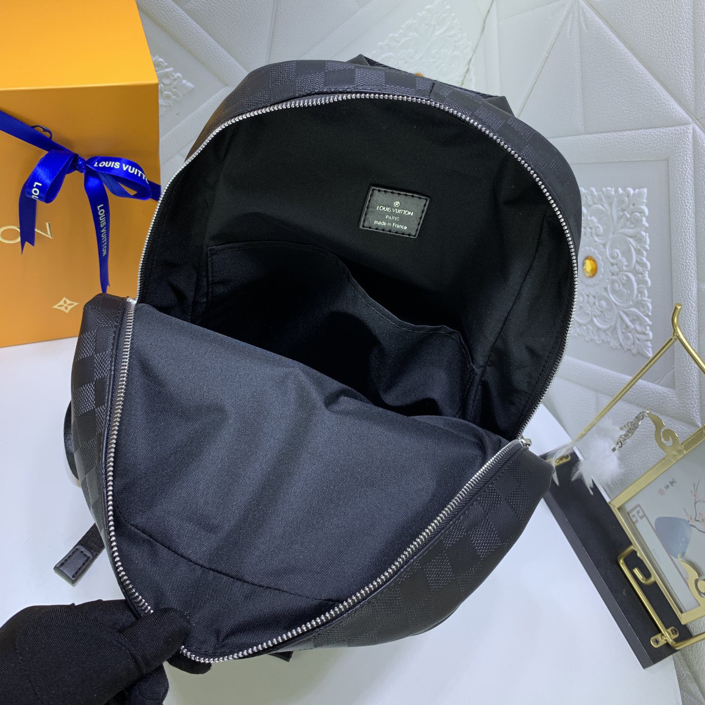 LV High Quality Women Backpack Luxuries Backpack Leather Edge Fabric Inner Lining Silver Metal Adjustable Leather Shoulder Straps Top Handle Zipper Opening Outer Zipper Compartment Double Patch Bag Female Hand Bag