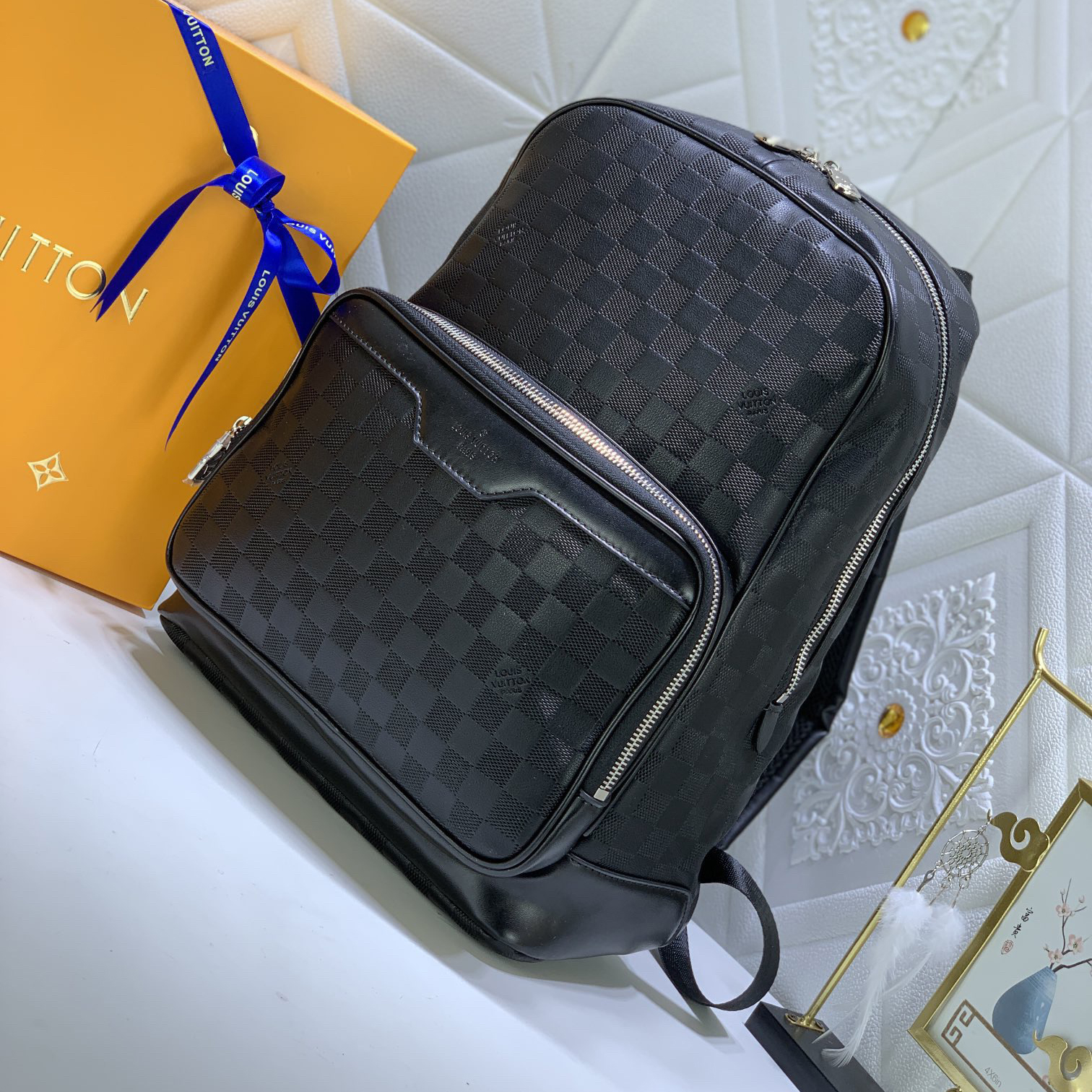 LV High Quality Women Backpack Luxuries Backpack Leather Edge Fabric Inner Lining Silver Metal Adjustable Leather Shoulder Straps Top Handle Zipper Opening Outer Zipper Compartment Double Patch Bag Female Hand Bag