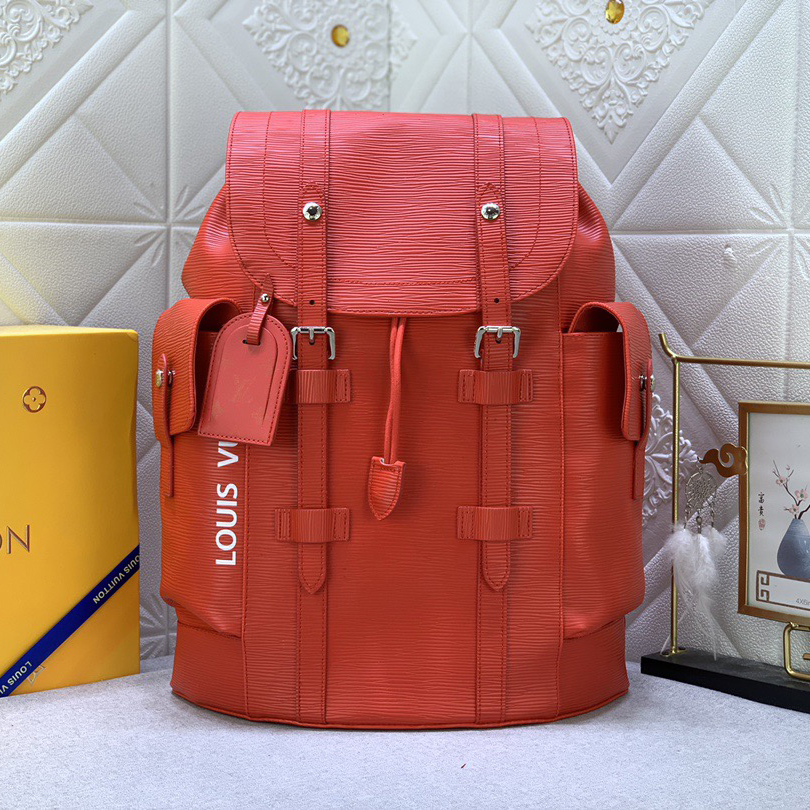 LV High Quality Unisex Backpack Luxuries Backpack Is Made Of Bright Colored Epi Xl Grain Leather Showcasing A Magnified Version Of Traditional Epi Embossing Upgrading Material Toughness And Wear Resistance LV Logo Female Backpack On The Side Bag
