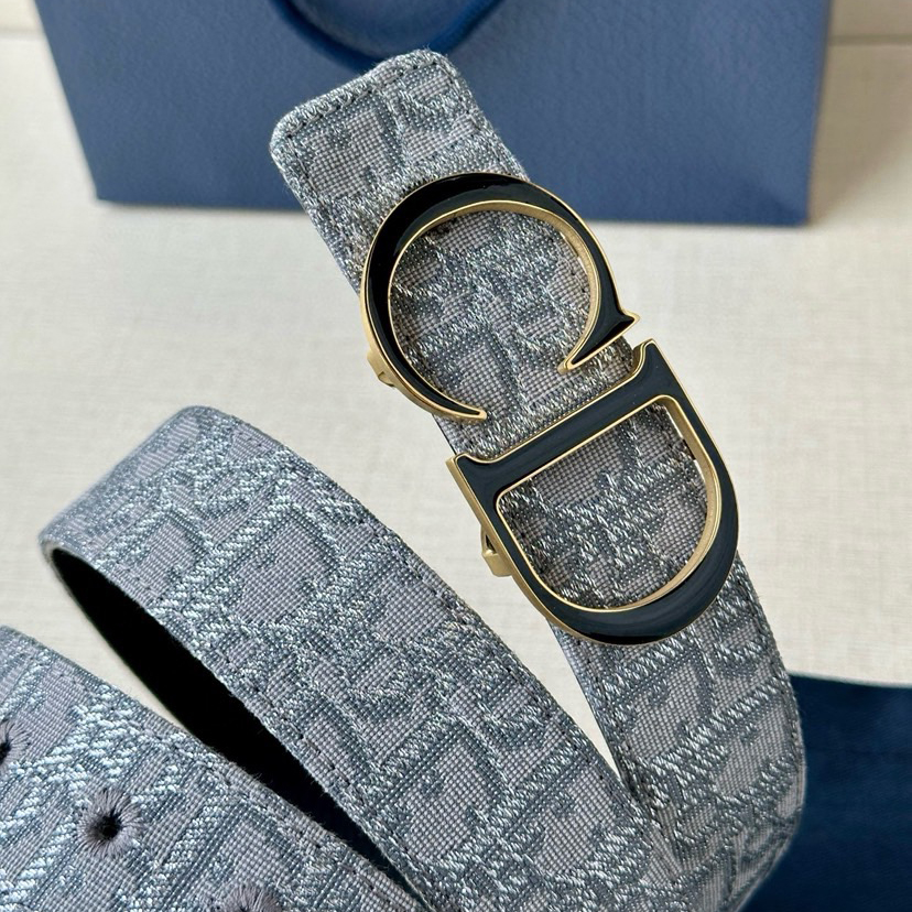 Dior Double Sided Waist Belt Width Of 3.5cm Double-Sided Design With One Side Made Of Grey Oblique Printed Fabric And The Other Side Made Of Black Grain Cowhide Leather Can Be Paired With Various 35mm Waistband Buckles Fashionable And Versatile