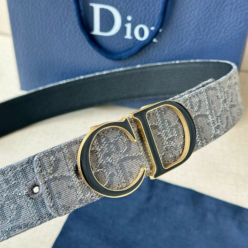Dior Double Sided Waist Belt Width Of 3.5cm Double-Sided Design With One Side Made Of Grey Oblique Printed Fabric And The Other Side Made Of Black Grain Cowhide Leather Can Be Paired With Various 35mm Waistband Buckles Fashionable And Versatile