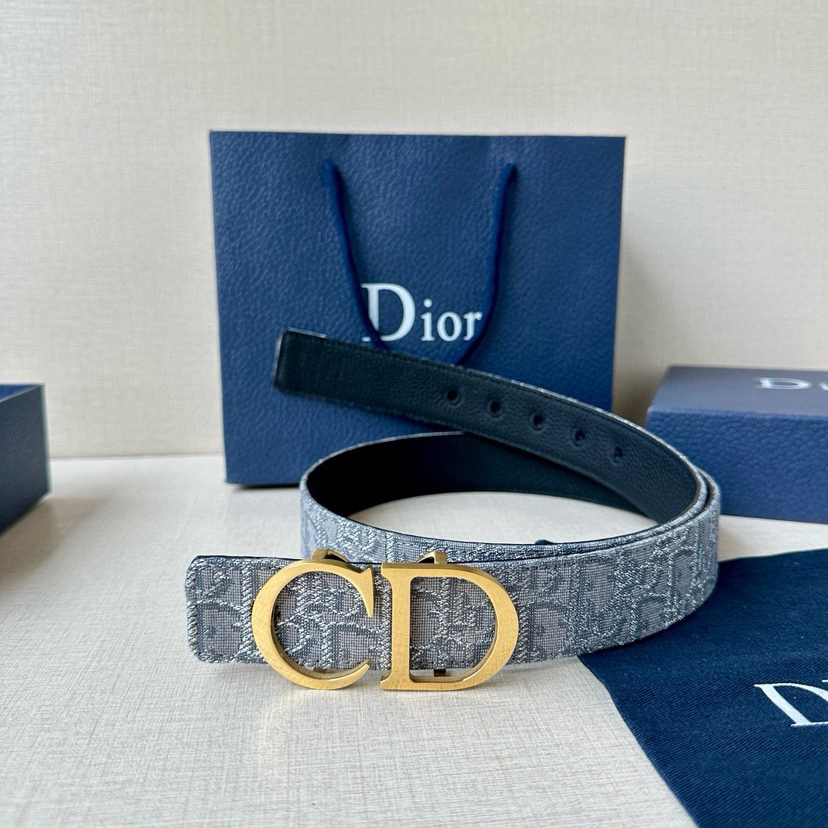 Dior Double Sided Waist Belt Width Of 3.5cm Double-Sided Design With One Side Made Of Grey Oblique Printed Fabric And The Other Side Made Of Black Grain Cowhide Leather Can Be Paired With Various 35mm Waistband Buckles Fashionable And Versatile