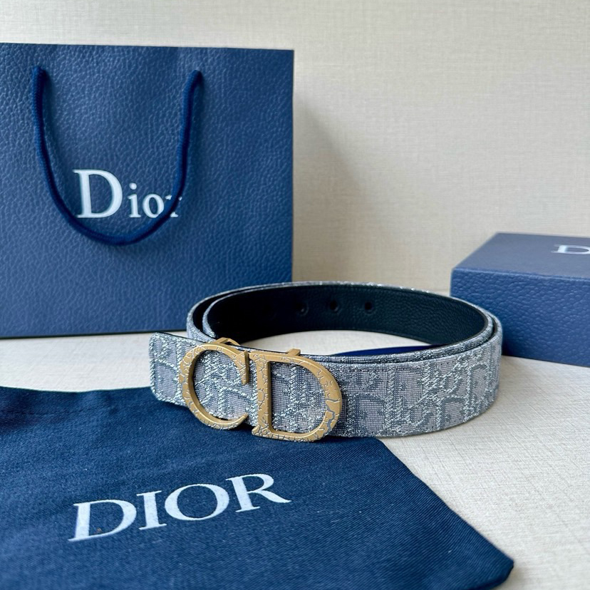 Dior Double Sided Waist Belt Width Of 3.5cm Double-Sided Design With One Side Made Of Grey Oblique Printed Fabric And The Other Side Made Of Black Grain Cowhide Leather Can Be Paired With Various 35mm Waistband Buckles Fashionable And Versatile