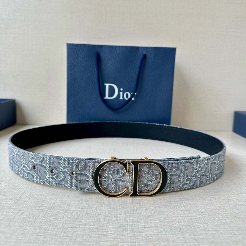 Dior Double Sided Waist Belt Width Of 3.5cm Double-Sided Design With One Side Made Of Grey Oblique Printed Fabric And The Other Side Made Of Black Grain Cowhide Leather Can Be Paired With Various 35mm Waistband Buckles Fashionable And Versatile