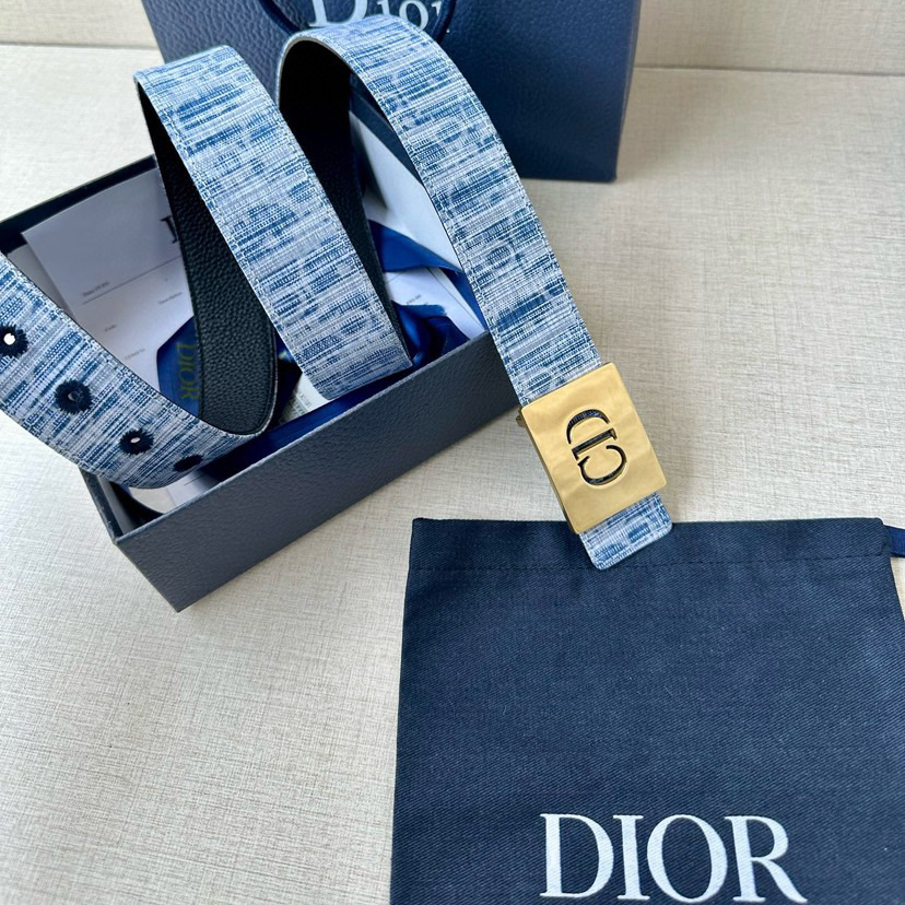 Dior Double-Sided Belt Width 3.5cm Black Smooth Cowhide Style Decorated With Sky Blues Embossed Cd Icon Logo On One Side Can Be Paired With Various 35mm Belt Buckles