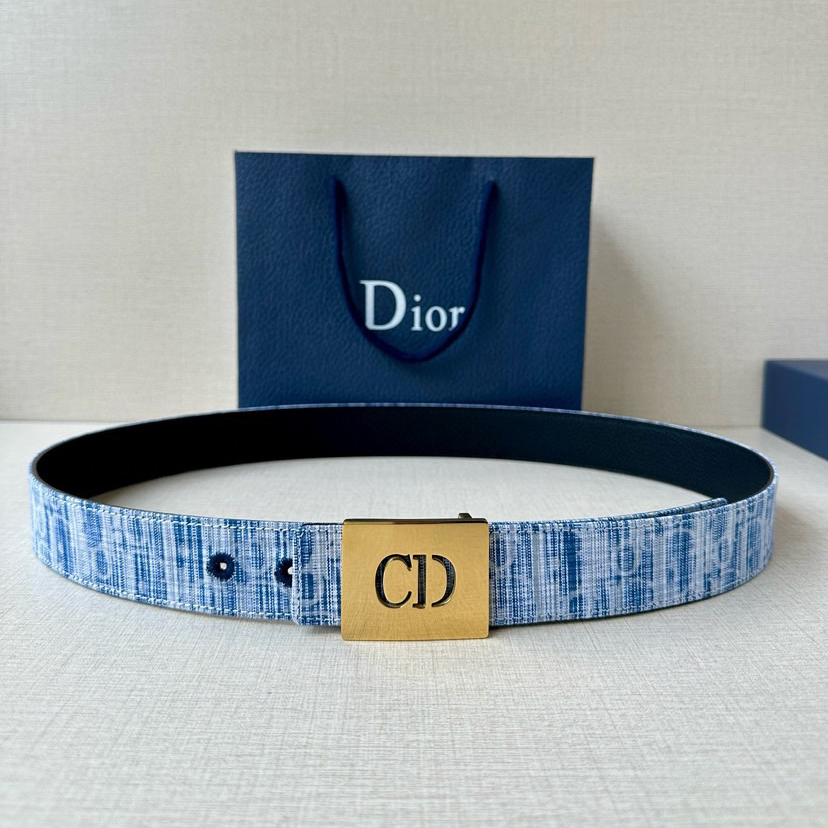 Dior Double-Sided Belt Width 3.5cm Black Smooth Cowhide Style Decorated With Sky Blues Embossed Cd Icon Logo On One Side Can Be Paired With Various 35mm Belt Buckles