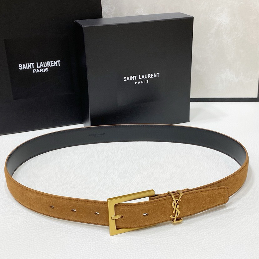 YSL Sheepskin Leather Belt With Adjustable Rectangular Buckle And Le Cassandre Loop Buckle Retro Copper Gold Metal Accessory Adjustable Buckle Opening And Closing Design Simple And Versatile