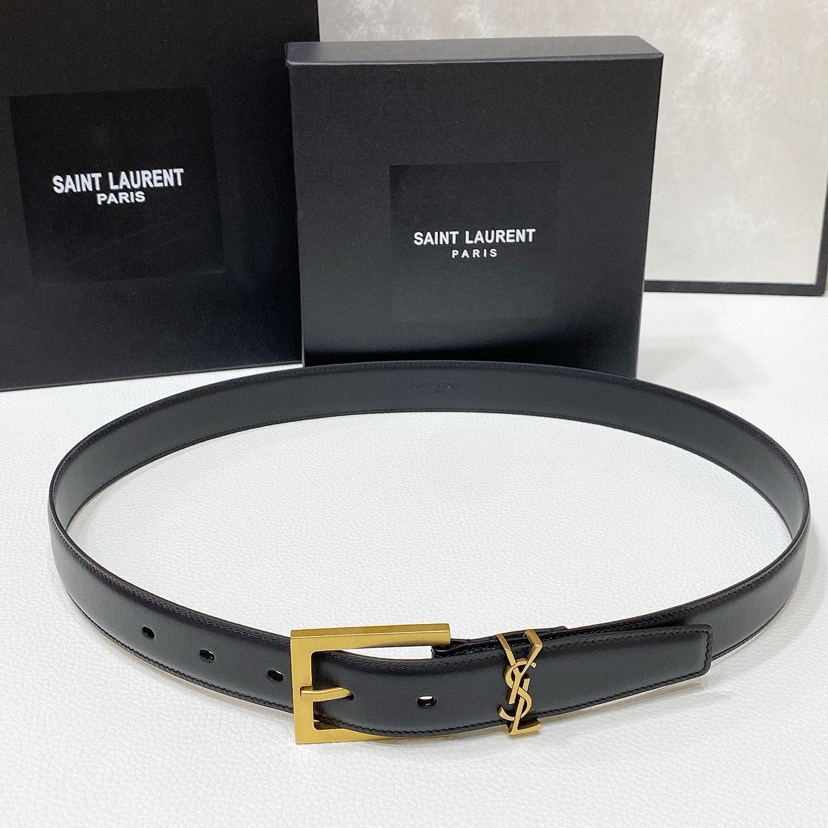 YSL Sheepskin Leather Belt With Adjustable Rectangular Buckle And Le Cassandre Loop Buckle Retro Copper Gold Metal Accessory Adjustable Buckle Opening And Closing Design Simple And Versatile