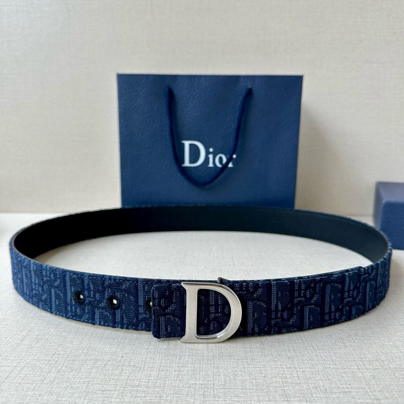 Dior Double-Sided Waistband With A Width Of 3.5cm And A Double-Sided Design Featuring Navy Blue Oblique Printed Fabric On One Side And Black Grain Leather On The Other Side Can Be Paired With Various 35mm Waistband Buckles Fashionable And Versatile