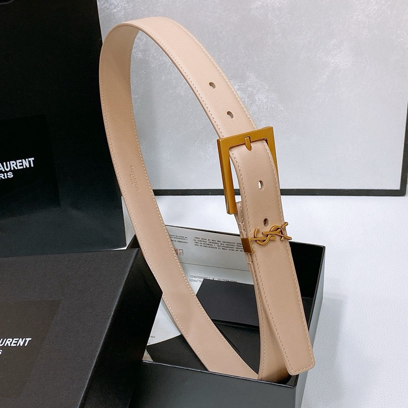 YSL Sheepskin Leather Belt With Adjustable Rectangular Buckle And Le Cassandre Loop Buckle Retro Copper Gold Metal Accessory Adjustable Buckle Opening And Closing Design Simple And Versatile