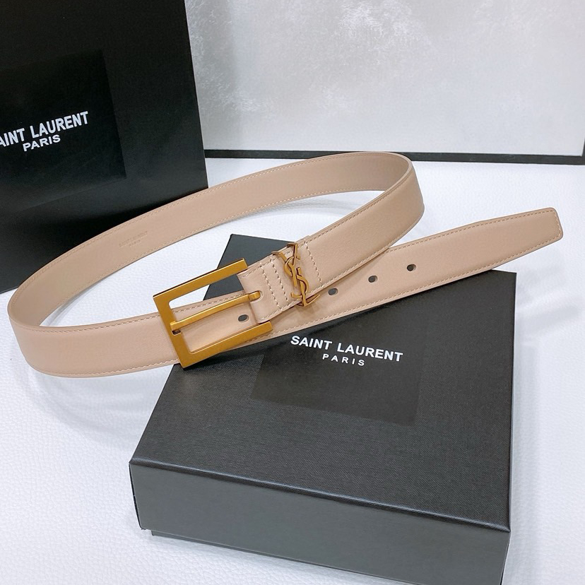 YSL Sheepskin Leather Belt With Adjustable Rectangular Buckle And Le Cassandre Loop Buckle Retro Copper Gold Metal Accessory Adjustable Buckle Opening And Closing Design Simple And Versatile