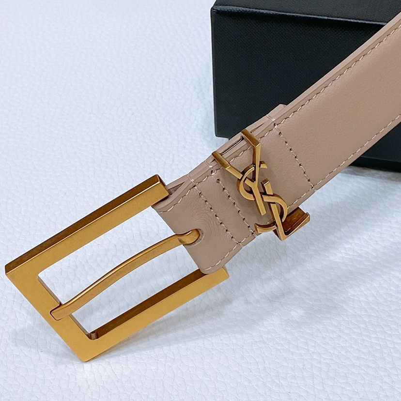 YSL Sheepskin Leather Belt With Adjustable Rectangular Buckle And Le Cassandre Loop Buckle Retro Copper Gold Metal Accessory Adjustable Buckle Opening And Closing Design Simple And Versatile