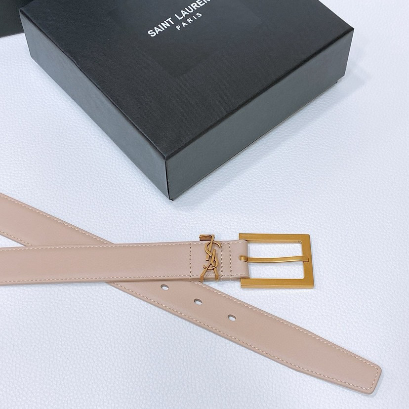 YSL Sheepskin Leather Belt With Adjustable Rectangular Buckle And Le Cassandre Loop Buckle Retro Copper Gold Metal Accessory Adjustable Buckle Opening And Closing Design Simple And Versatile