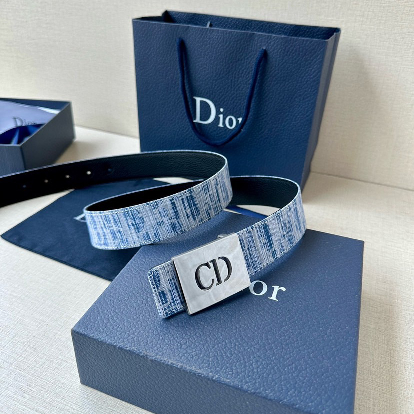 Dior Double-Sided Belt Width 3.5cm Black Smooth Cowhide Style Decorated With Sky Blues Embossed Cd Icon Logo On One Side Can Be Paired With Various 35mm Belt Buckles