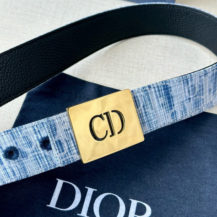 Dior Double-Sided Belt Width 3.5cm Black Smooth Cowhide Style Decorated With Sky Blues Embossed Cd Icon Logo On One Side Can Be Paired With Various 35mm Belt Buckles