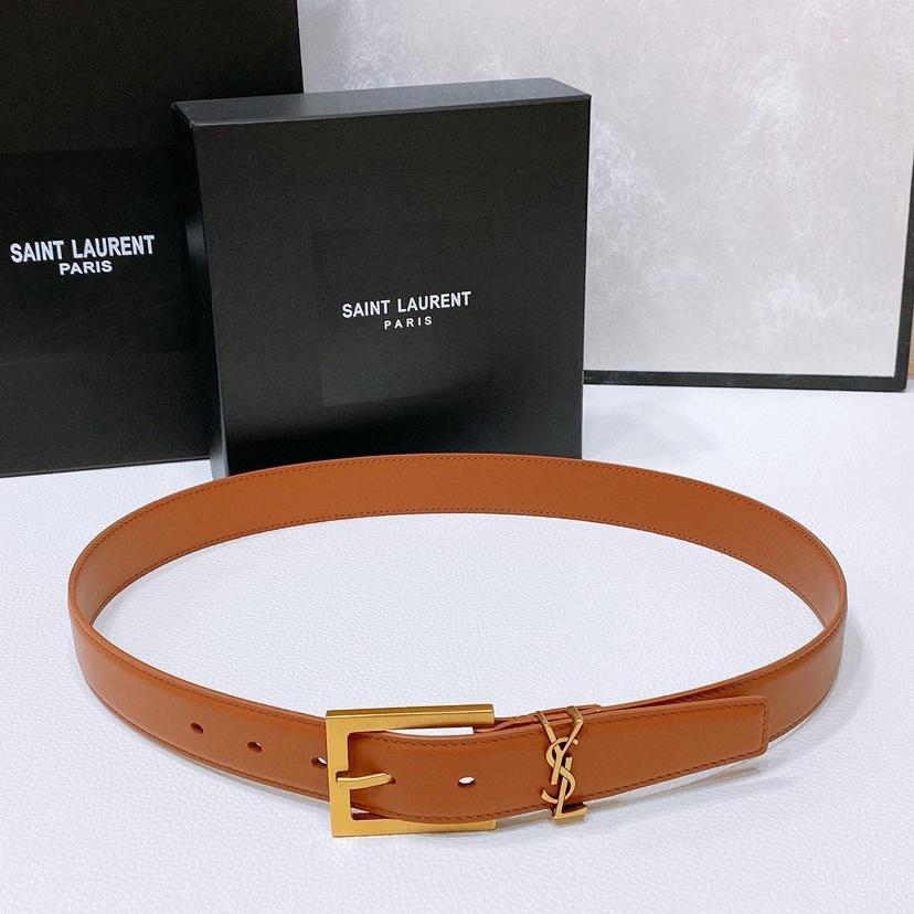 YSL Sheepskin Leather Belt With Adjustable Rectangular Buckle And Le Cassandre Loop Buckle Retro Copper Gold Metal Accessory Adjustable Buckle Opening And Closing Design Simple And Versatile