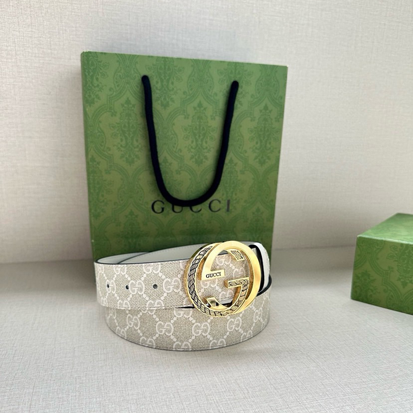 Gucci Women's Belt Classic Double G Double G Logo Women's Wide Leather Belt Made Of Beige And White Gsueme Canvas Width 3.8cm