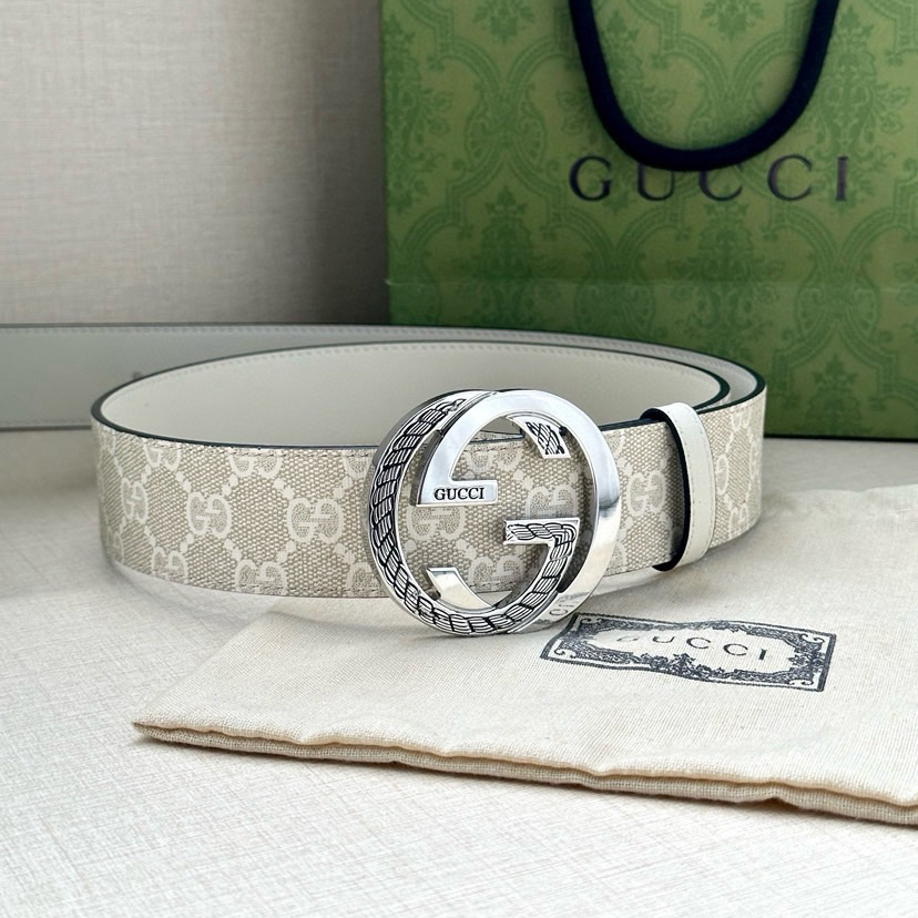 Gucci Women's Belt Classic Double G Double G Logo Women's Wide Leather Belt Made Of Beige And White Gsueme Canvas Width 3.8cm