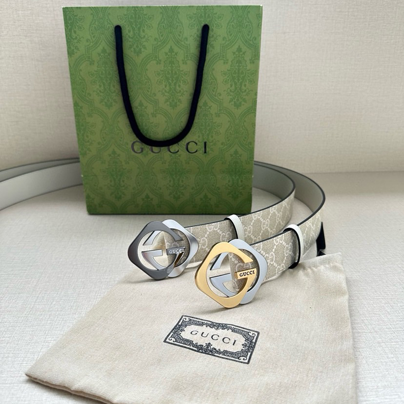 Gucci Women's Belt Classic Double G Double G Logo Women's Wide Leather Belt Made Of Beige And White Gsueme Canvas Width 3.8cm