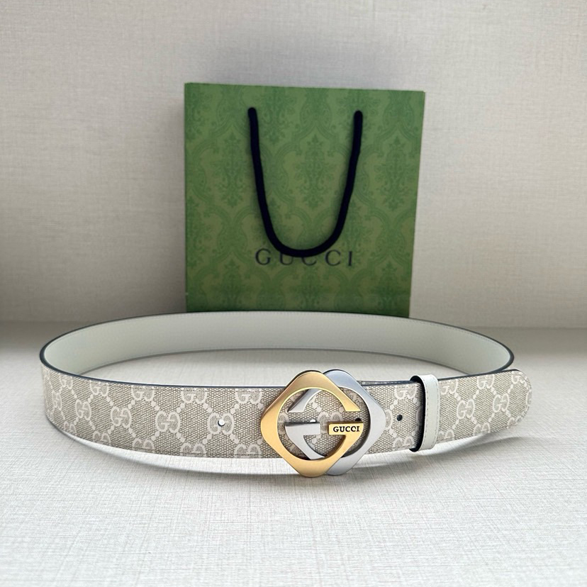 Gucci Women's Belt Classic Double G Double G Logo Women's Wide Leather Belt Made Of Beige And White Gsueme Canvas Width 3.8cm