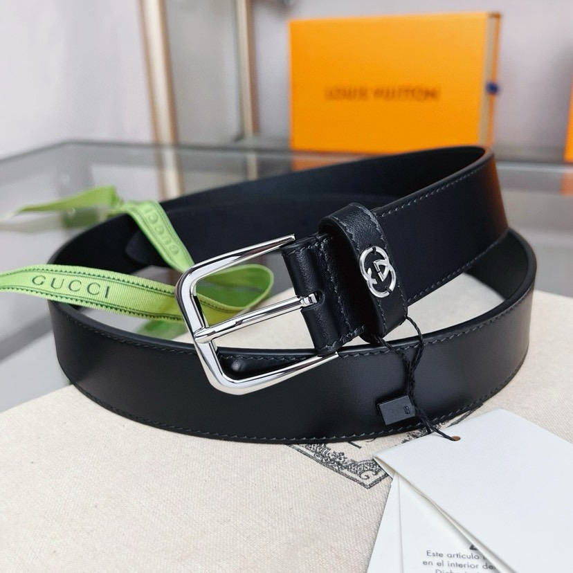 Gucci Decorative Interlocking Double G Square Buckle Belt Made Of Smooth Leather Material With Square Buckle Classic Double G Letter Interwoven Pattern Women's Belt Men's Designer Casual Letter Smooth Buckle Double Sided Belt
