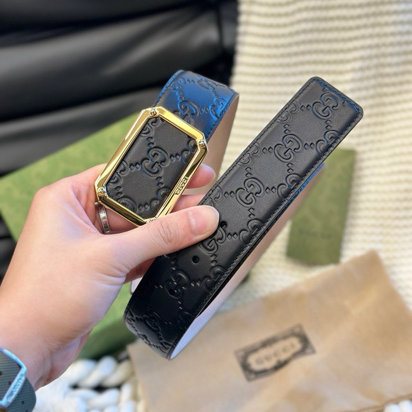 Gucci Classic Designer Women's Belt Men's Designer Casual Letter Smooth Buckle Double Sided Belt Double Sided Imported Top Layer Calf Leather Classic Letter Interwoven Pattern Circular Interlocking Buckle Width 4.0cm Waist Belt