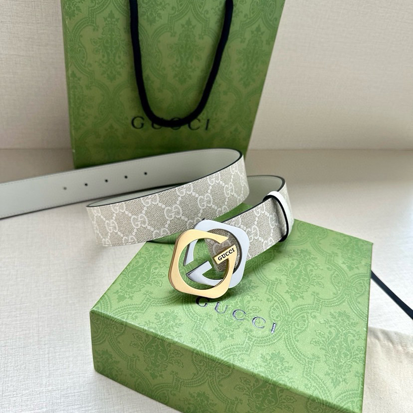 Gucci Women's Belt Classic Double G Double G Logo Women's Wide Leather Belt Made Of Beige And White Gsueme Canvas Width 3.8cm