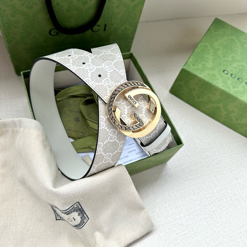 Gucci Women's Belt Classic Double G Double G Logo Women's Wide Leather Belt Made Of Beige And White Gsueme Canvas Width 3.8cm