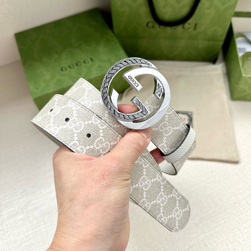 Gucci Women's Belt Classic Double G Double G Logo Women's Wide Leather Belt Made Of Beige And White Gsueme Canvas Width 3.8cm