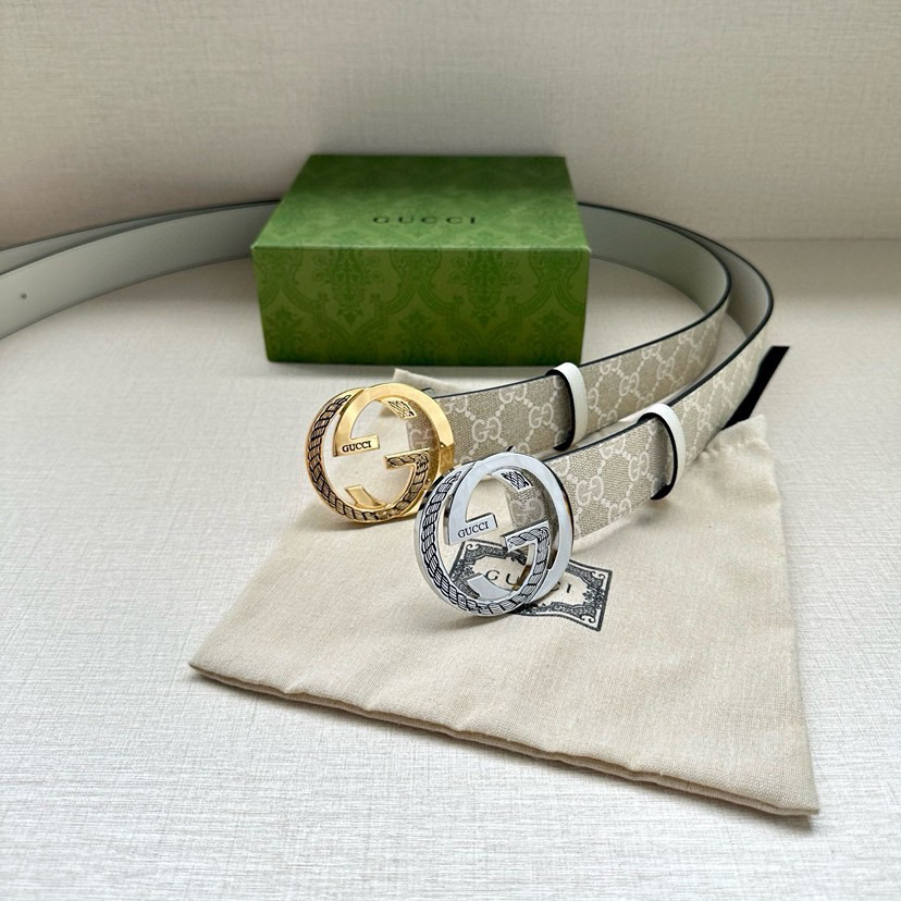 Gucci Women's Belt Classic Double G Double G Logo Women's Wide Leather Belt Made Of Beige And White Gsueme Canvas Width 3.8cm